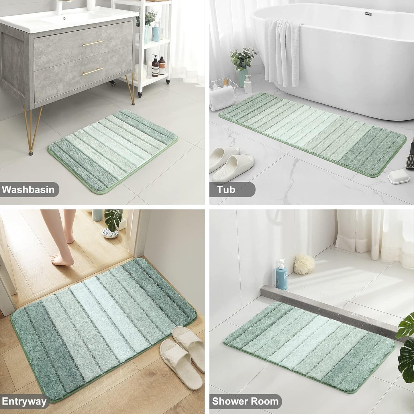 2 Piece Ombre Bathroom Rugs Set, Non Slip, Quick Drying, Ultra Soft and Water Absorbent Bath Carpet for Bedroom Floor Living Room,Machine Washable Green-17" X 47" plus 17" X 24"