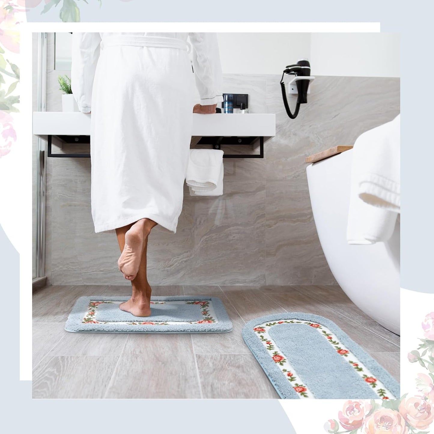 2 Pcs Rose Flowers Bathroom Rugs Set Coquette Room Decor Floral Rugs for Bathroom Bedroom Living Room,Non Skid Absorbent Romantic Rose Flower Area Rugs 2 Shapes(Blue,Small)