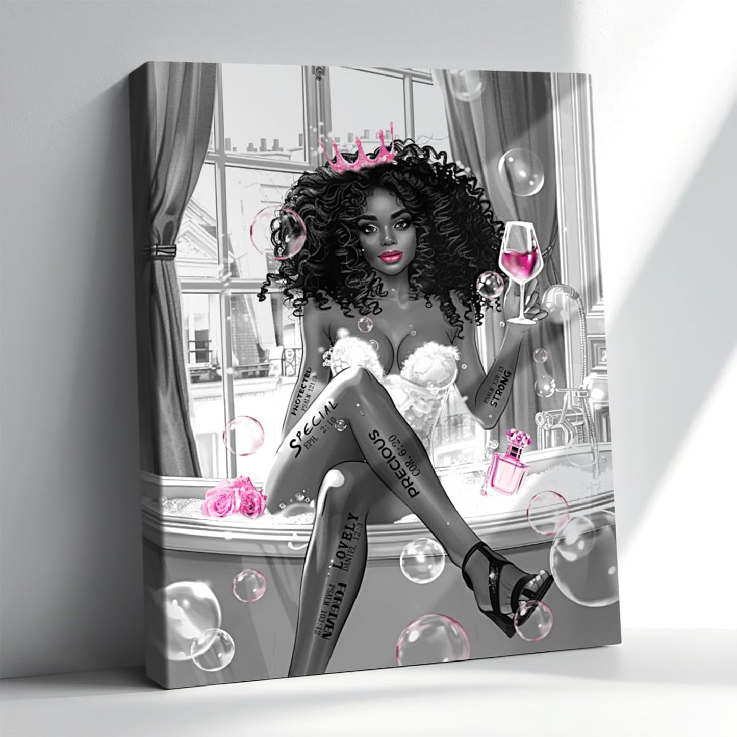 African American Black Girl Sitting in on the Bathtub Prints Painting Picture Framed Canvas Inspirational Quotes Wall Art for Living Dining Room Kitchen Office Bedroom Bathroom Home Wall Art Decor