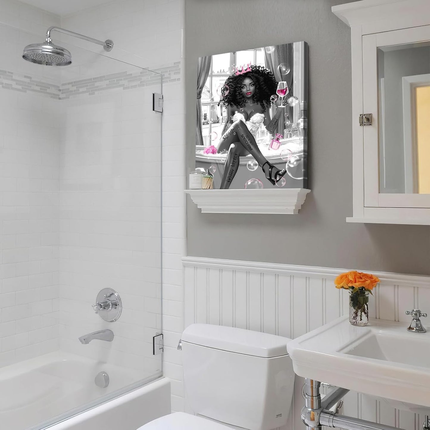 African American Black Girl Sitting in on the Bathtub Prints Painting Picture Framed Canvas Inspirational Quotes Wall Art for Living Dining Room Kitchen Office Bedroom Bathroom Home Wall Art Decor