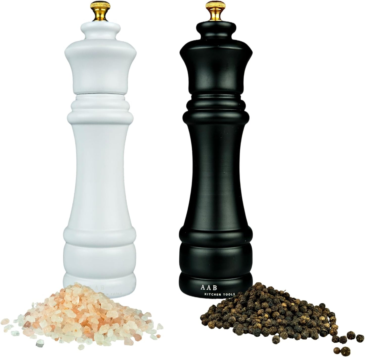 AAB Kitchen Premium Wooden Salt and Pepper Grinder Set (Pack of 2), 8 Inches, Refillable and Adjustable, Manual Salt and Pepper Mill, Ceramic Grinding Mechanism for Customized Coarseness.