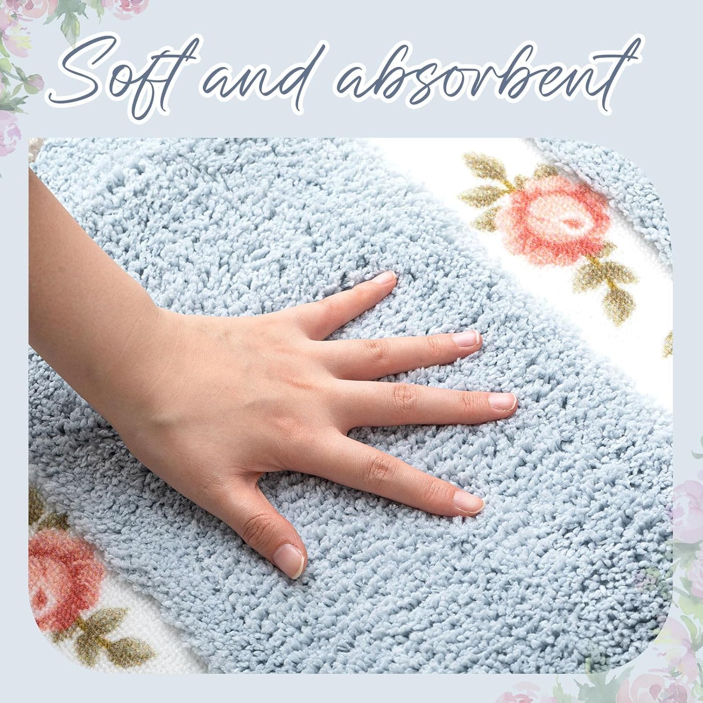 2 Pcs Rose Flowers Bathroom Rugs Set Coquette Room Decor Floral Rugs for Bathroom Bedroom Living Room,Non Skid Absorbent Romantic Rose Flower Area Rugs 2 Shapes(Blue,Small)