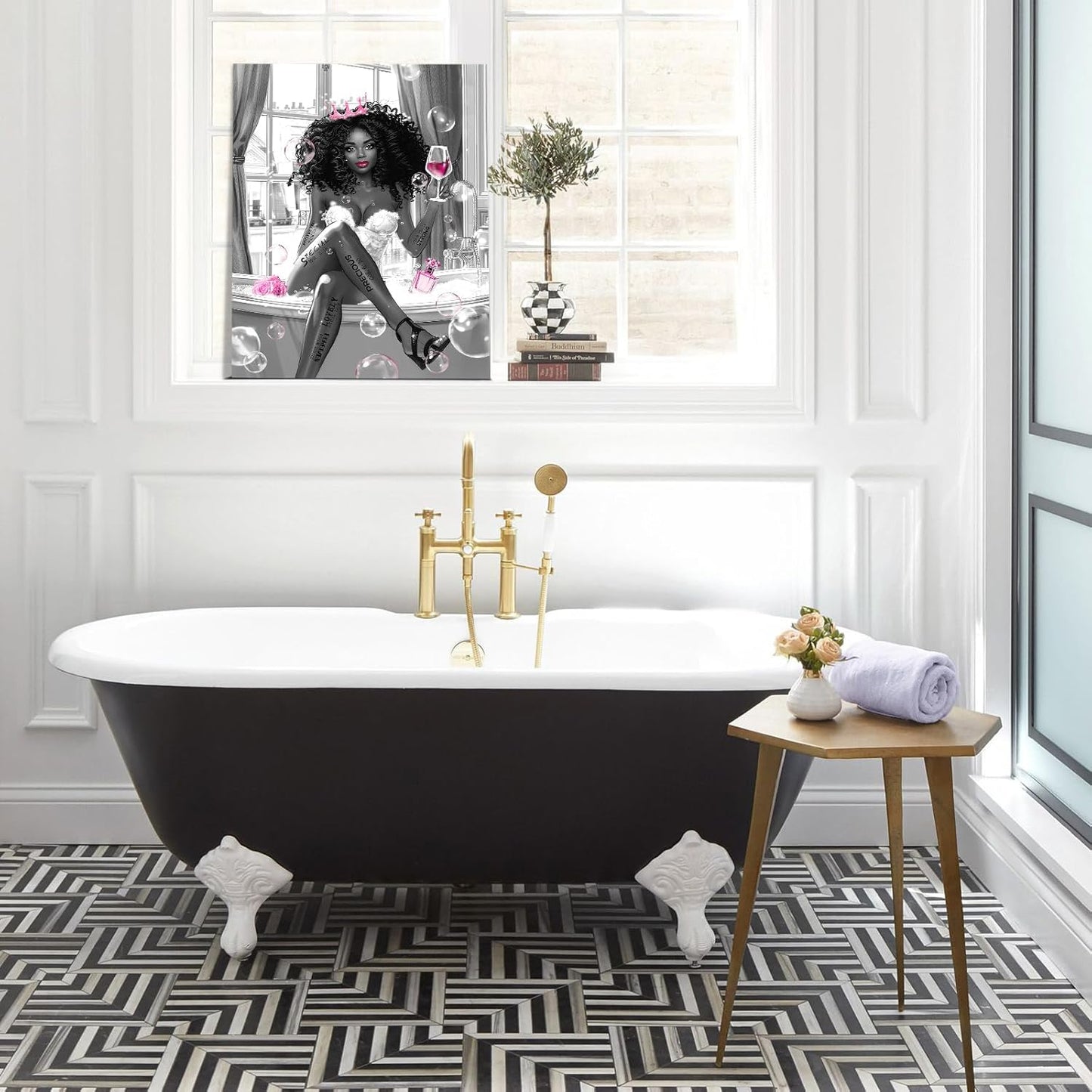 African American Black Girl Sitting in on the Bathtub Prints Painting Picture Framed Canvas Inspirational Quotes Wall Art for Living Dining Room Kitchen Office Bedroom Bathroom Home Wall Art Decor