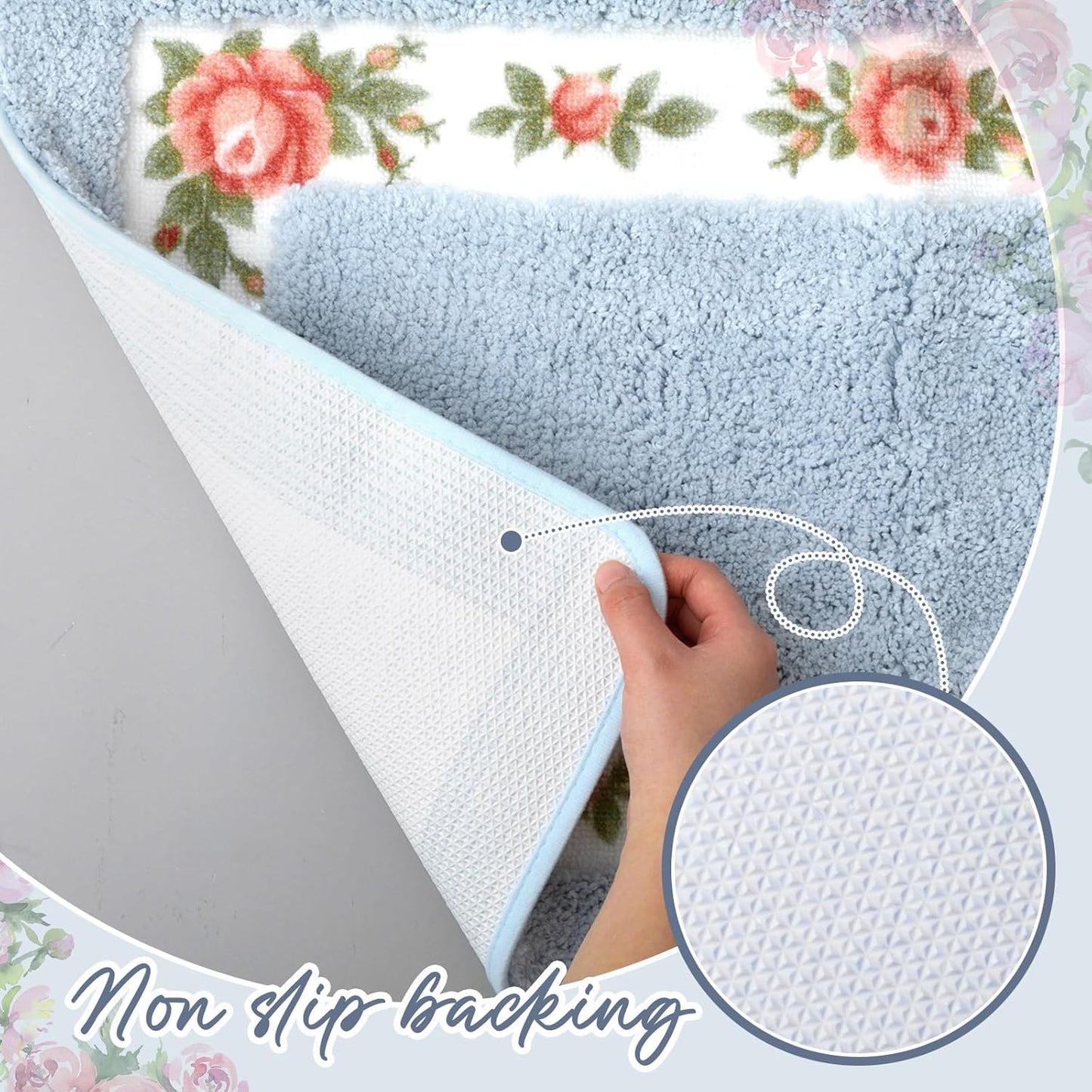 2 Pcs Rose Flowers Bathroom Rugs Set Coquette Room Decor Floral Rugs for Bathroom Bedroom Living Room,Non Skid Absorbent Romantic Rose Flower Area Rugs 2 Shapes(Blue,Small)