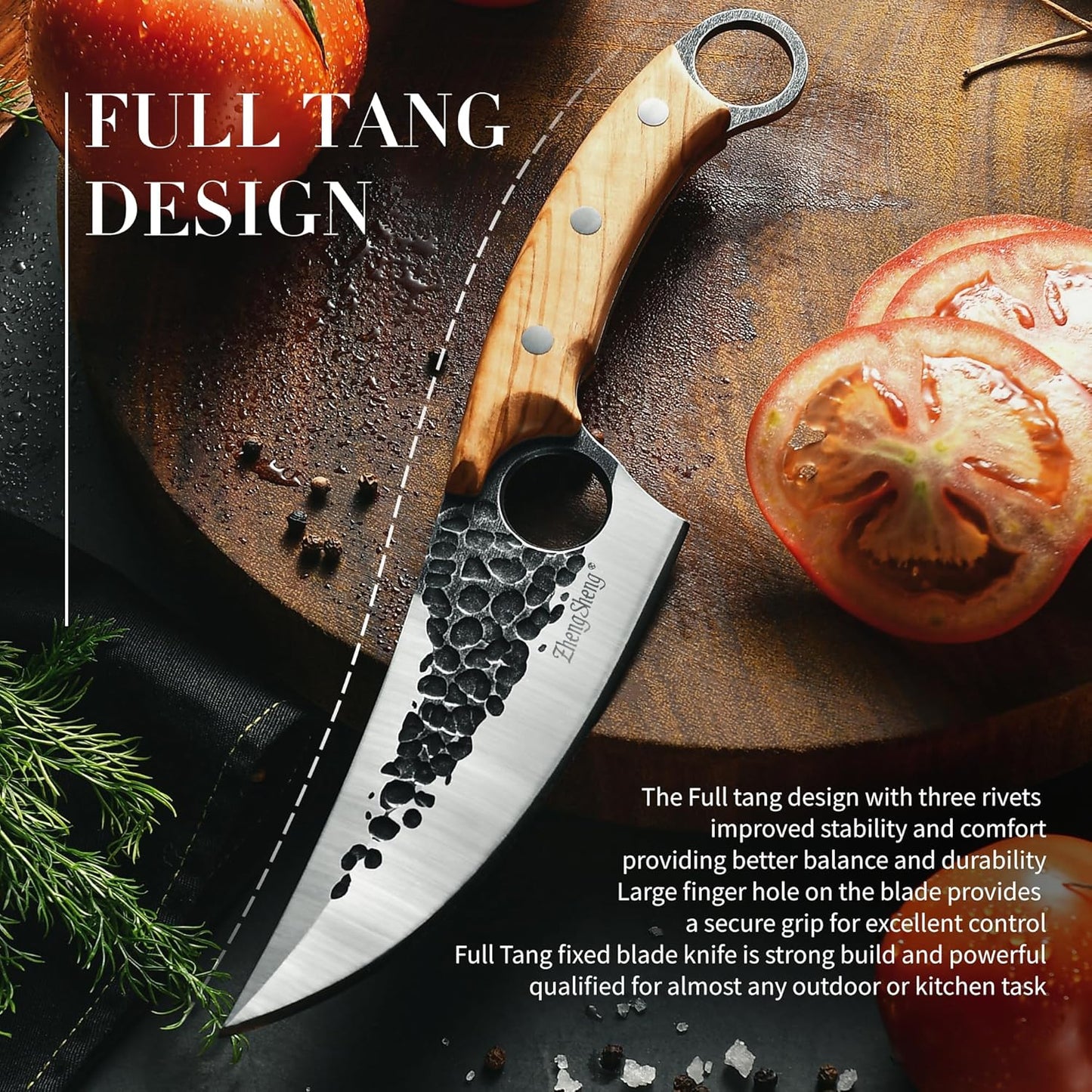 6.0” Chef Knife Japanese Style Kitchen Knife with Leather Sheath Natural Olive Handle Forged Viking Knives Perfect Boning and Meat Cleaver for Home Cooking, Camping, BBQ