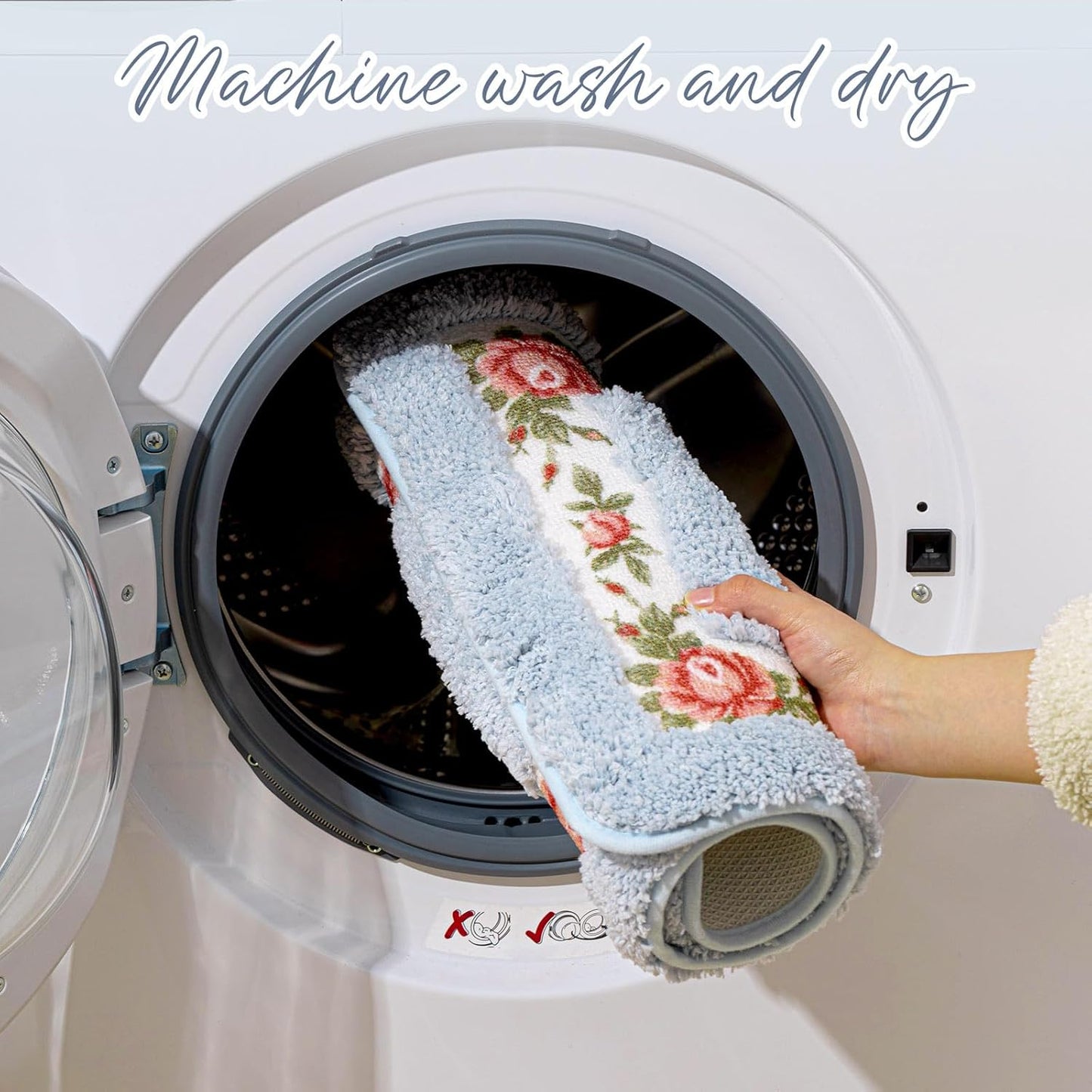 2 Pcs Rose Flowers Bathroom Rugs Set Coquette Room Decor Floral Rugs for Bathroom Bedroom Living Room,Non Skid Absorbent Romantic Rose Flower Area Rugs 2 Shapes(Blue,Small)
