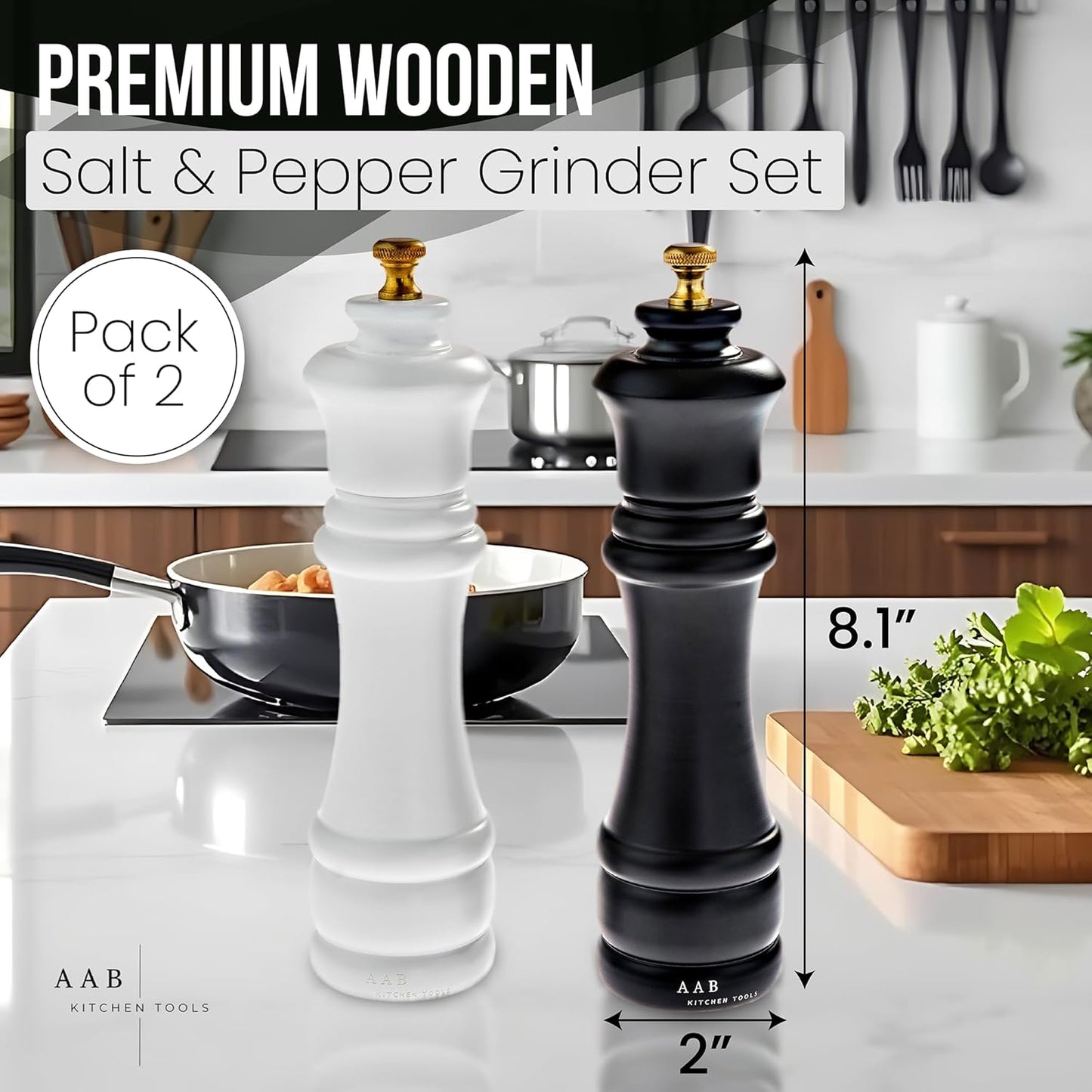 AAB Kitchen Premium Wooden Salt and Pepper Grinder Set (Pack of 2), 8 Inches, Refillable and Adjustable, Manual Salt and Pepper Mill, Ceramic Grinding Mechanism for Customized Coarseness.