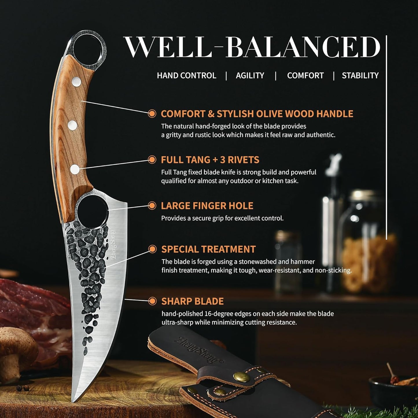 6.0” Chef Knife Japanese Style Kitchen Knife with Leather Sheath Natural Olive Handle Forged Viking Knives Perfect Boning and Meat Cleaver for Home Cooking, Camping, BBQ