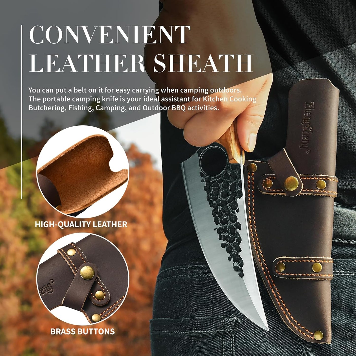 6.0” Chef Knife Japanese Style Kitchen Knife with Leather Sheath Natural Olive Handle Forged Viking Knives Perfect Boning and Meat Cleaver for Home Cooking, Camping, BBQ