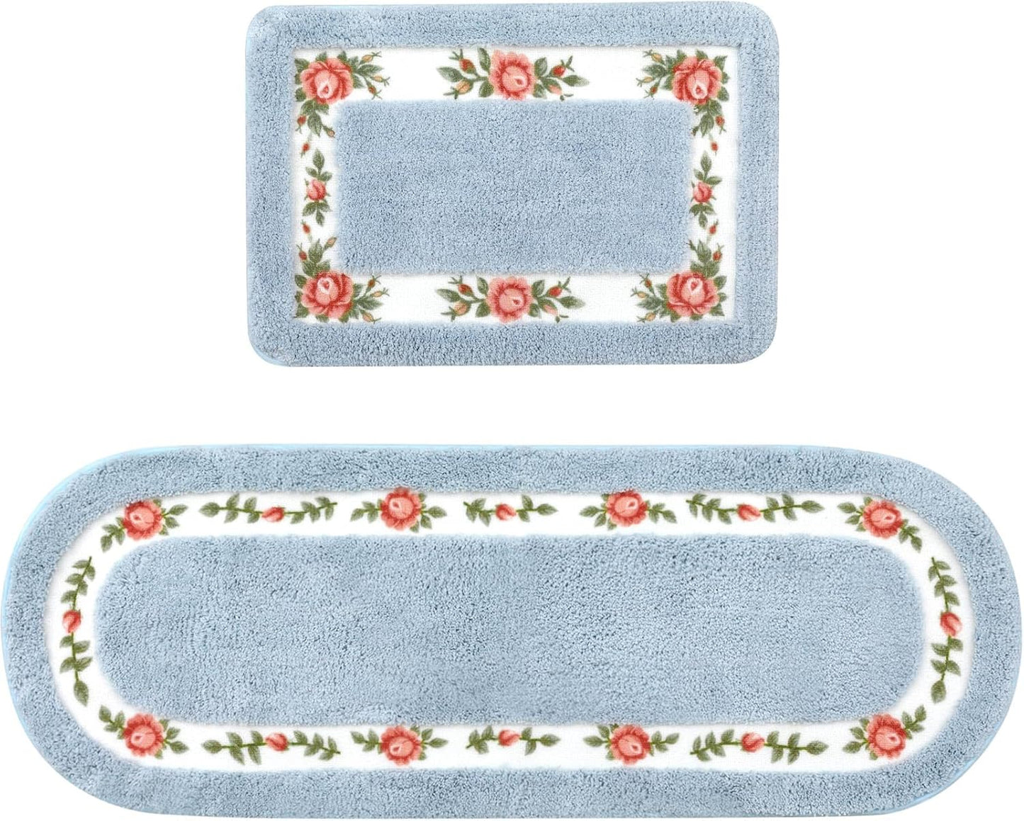 2 Pcs Rose Flowers Bathroom Rugs Set Coquette Room Decor Floral Rugs for Bathroom Bedroom Living Room,Non Skid Absorbent Romantic Rose Flower Area Rugs 2 Shapes(Blue,Small)