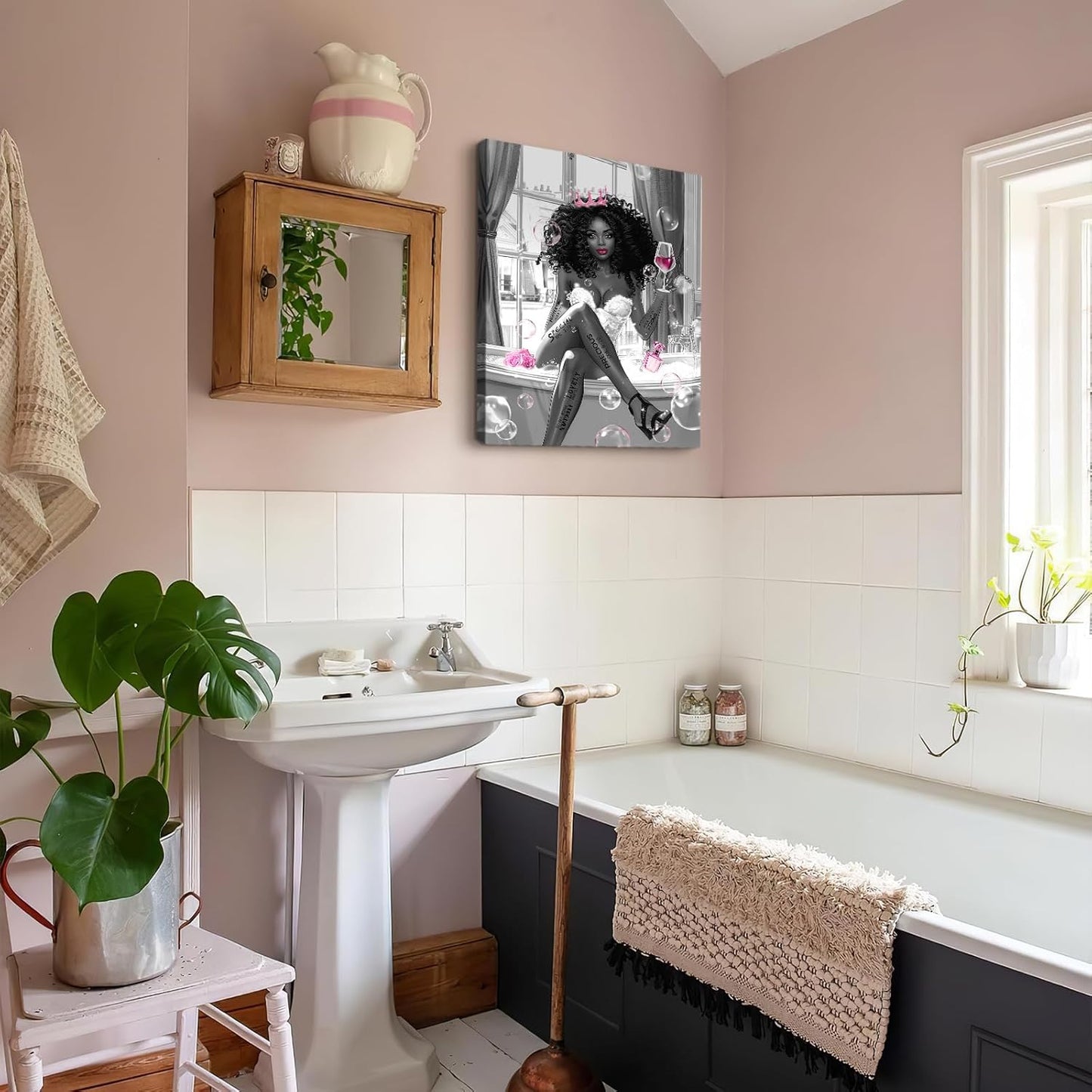 African American Black Girl Sitting in on the Bathtub Prints Painting Picture Framed Canvas Inspirational Quotes Wall Art for Living Dining Room Kitchen Office Bedroom Bathroom Home Wall Art Decor