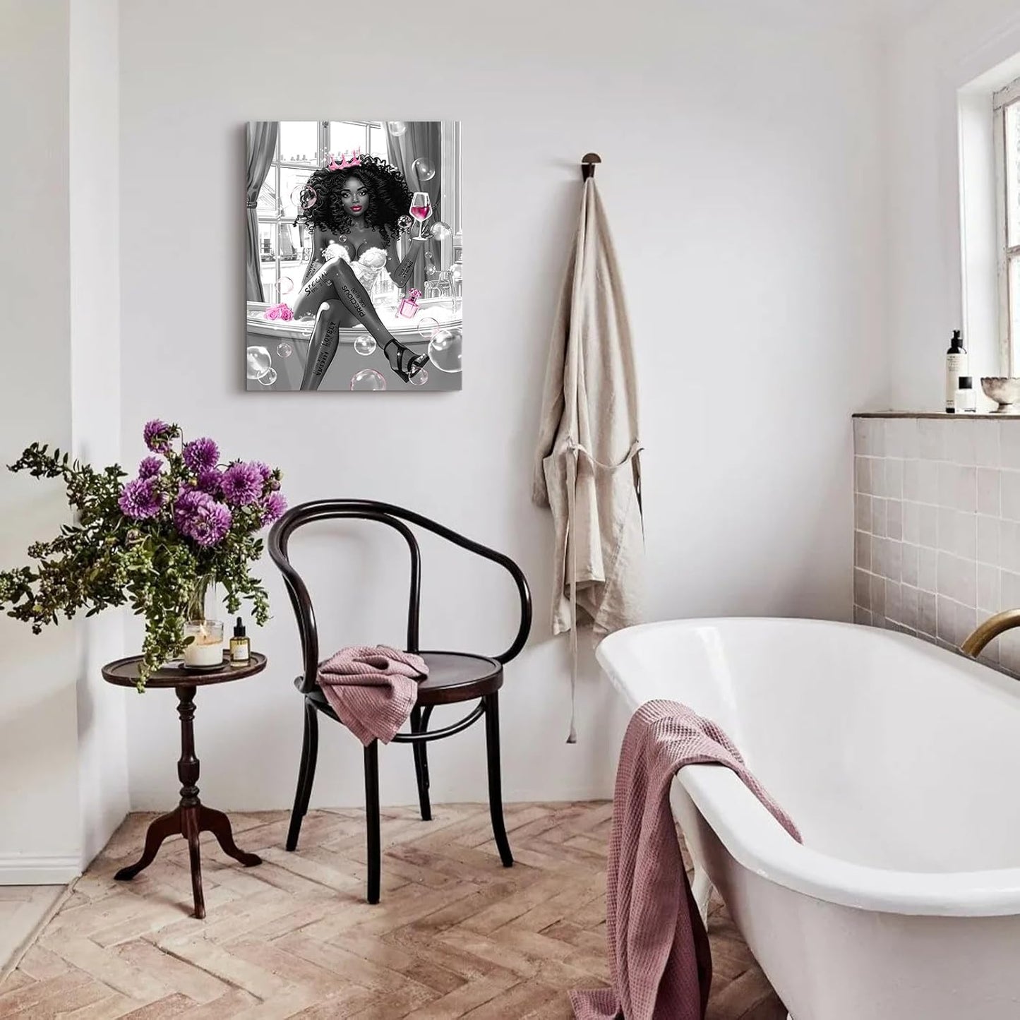 African American Black Girl Sitting in on the Bathtub Prints Painting Picture Framed Canvas Inspirational Quotes Wall Art for Living Dining Room Kitchen Office Bedroom Bathroom Home Wall Art Decor
