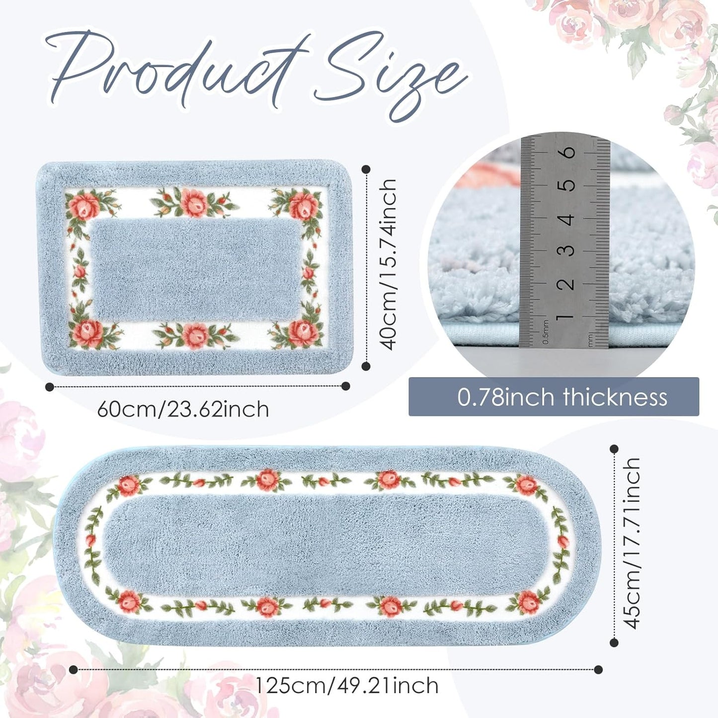 2 Pcs Rose Flowers Bathroom Rugs Set Coquette Room Decor Floral Rugs for Bathroom Bedroom Living Room,Non Skid Absorbent Romantic Rose Flower Area Rugs 2 Shapes(Blue,Small)
