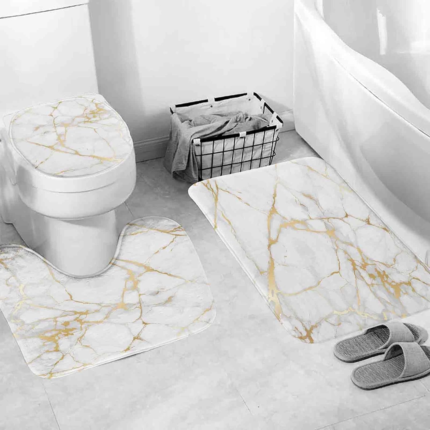 4 Pcs Bathroom Sets with Shower Curtain with Rugs,Gold White Marble Bathroom Set,Shower Curtain Set with Non-Slip Rugs,Toilet Lid Cover and Bath Mat and Accessories