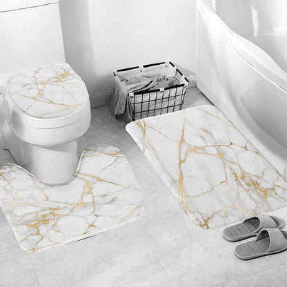 4 Pcs Bathroom Sets with Shower Curtain with Rugs,Gold White Marble Bathroom Set,Shower Curtain Set with Non-Slip Rugs,Toilet Lid Cover and Bath Mat and Accessories
