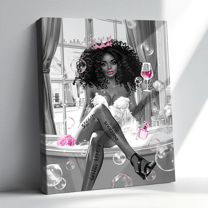 African American Black Girl Sitting in on the Bathtub Prints Painting Picture Framed Canvas Inspirational Quotes Wall Art for Living Dining Room Kitchen Office Bedroom Bathroom Home Wall Art Decor