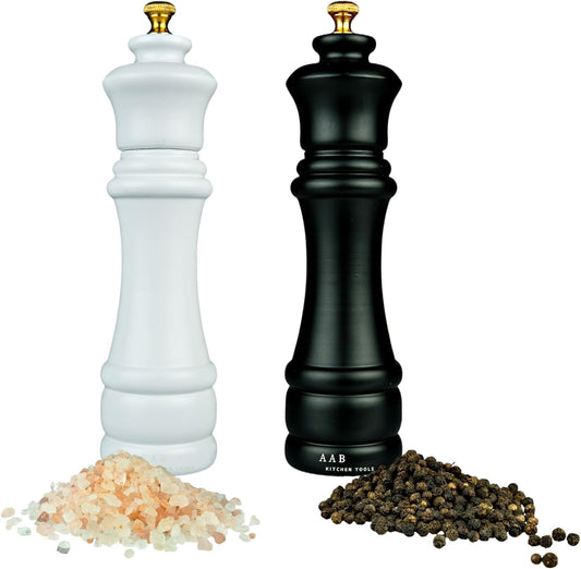 AAB Kitchen Premium Wooden Salt and Pepper Grinder Set (Pack of 2), 8 Inches, Refillable and Adjustable, Manual Salt and Pepper Mill, Ceramic Grinding Mechanism for Customized Coarseness.