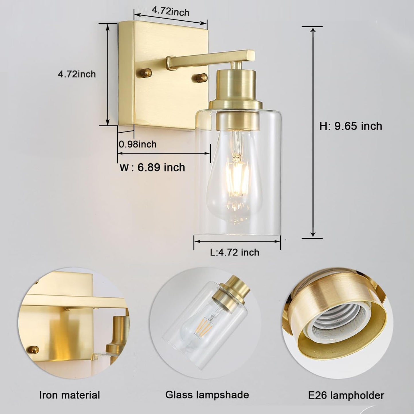 1-Lights Gold Bathroom Light Fixture, Brushed Brass Vanity Light with Clear Glass Shade, Modern Bath Wall Lights for Living Room, Hallway, Bedroom