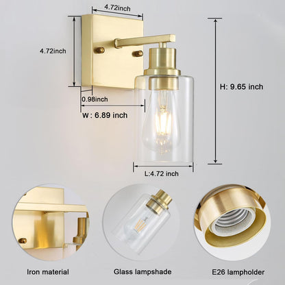 1-Lights Gold Bathroom Light Fixture, Brushed Brass Vanity Light with Clear Glass Shade, Modern Bath Wall Lights for Living Room, Hallway, Bedroom