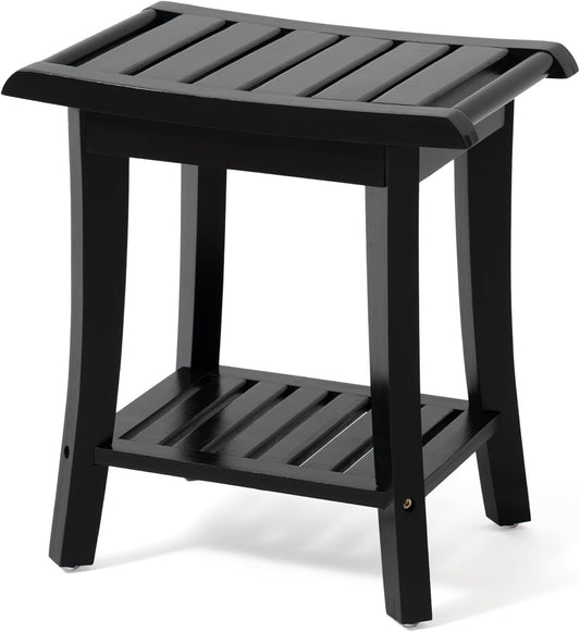 Bamboo Shower Bench inside Shower Stool with Storage Shelf, Spa Bath Chair for Bathroom, Seat or Organizer for Living Room, Bedroom and Garden - Great for All Ages Unisex Elderly (Black)