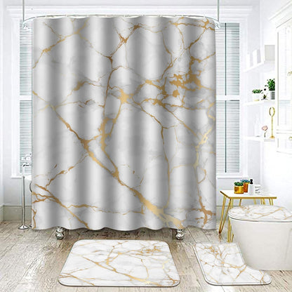 4 Pcs Bathroom Sets with Shower Curtain with Rugs,Gold White Marble Bathroom Set,Shower Curtain Set with Non-Slip Rugs,Toilet Lid Cover and Bath Mat and Accessories