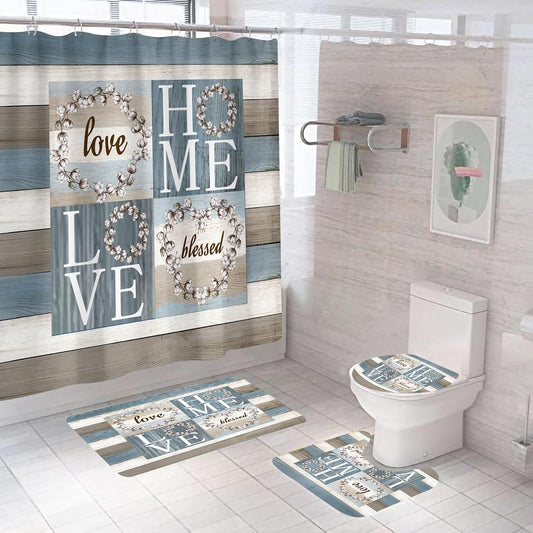 4PCS Rustic Floral Flower Sweet Love Home Fabric Shower Curtain Set, with Non-Slip Rugs, Toilet Lid Cover and Bath Mat Farmhouse Country Vintage Wood Plank Cotton Bathroom Decor Waterproof 72X72
