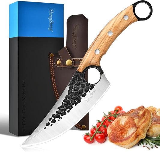 6.0” Chef Knife Japanese Style Kitchen Knife with Leather Sheath Natural Olive Handle Forged Viking Knives Perfect Boning and Meat Cleaver for Home Cooking, Camping, BBQ