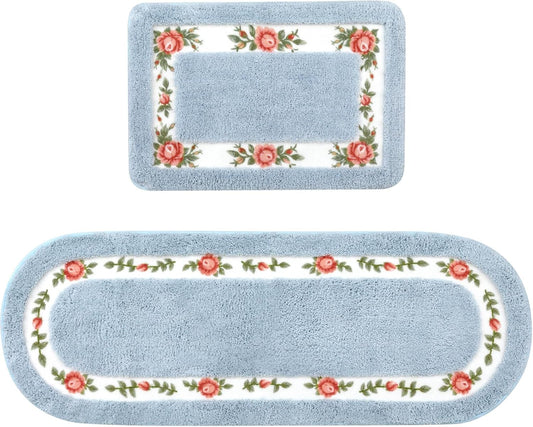 2 Pcs Rose Flowers Bathroom Rugs Set Coquette Room Decor Floral Rugs for Bathroom Bedroom Living Room,Non Skid Absorbent Romantic Rose Flower Area Rugs 2 Shapes(Blue,Small)