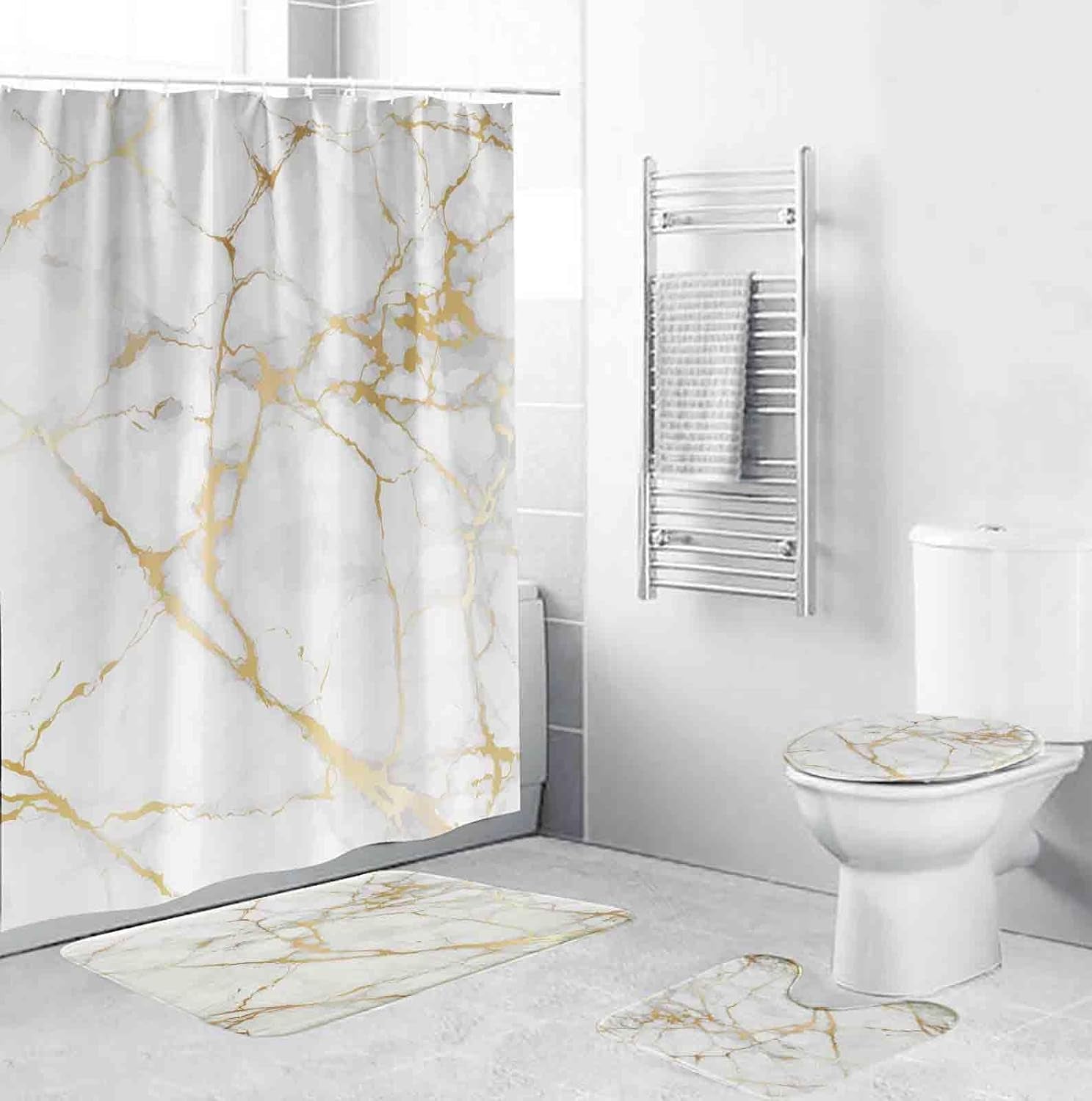 4 Pcs Bathroom Sets with Shower Curtain with Rugs,Gold White Marble Bathroom Set,Shower Curtain Set with Non-Slip Rugs,Toilet Lid Cover and Bath Mat and Accessories