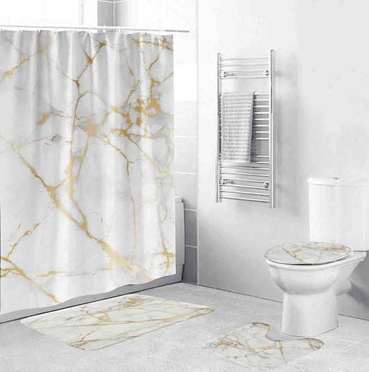 4 Pcs Bathroom Sets with Shower Curtain with Rugs,Gold White Marble Bathroom Set,Shower Curtain Set with Non-Slip Rugs,Toilet Lid Cover and Bath Mat and Accessories